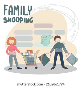 Family Cartoon Vector Characters Walking with Supermarket Shopping Cart Full of Food Products Isolated on White Background. Parents with Son Buying Groceries, Making Purchases in Shop