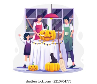 Family Carving Pumpkins At Home Preparing For Halloween. Vector Illustration In Flat Style