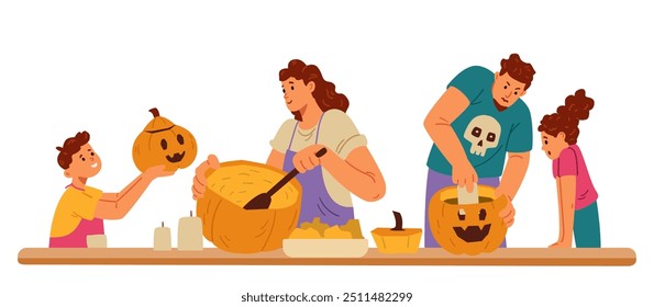 Family carving pumpkins, making lanterns, preparing for Halloween celebration together flat vector illustration isolated on white.