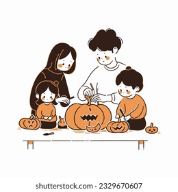 A family carving pumpkins together, with excited anticipation for Halloween night. Vector illustration