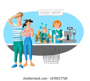 Family at cash desk with cashier flat vector illustration. Happy parents and smiling child in shopping basket. Couple, kid and cashier cartoon characters in grocery store. Wife and husband shopping