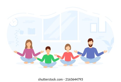 A family in casual colorful clothes meditating together at home. Vector illustration in flat style