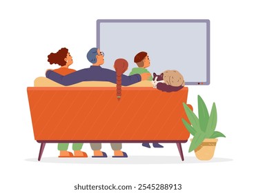 Family with a cat sitting on the couch watching news on TV flat vector illustration isolated on white. View from the back.