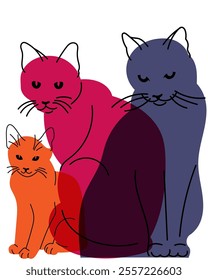 Family of cats. Avatar, badge, poster, logo templates, print. Vector illustration in a minimalist style with Riso print effect. Flat cartoon style