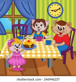 family cats eat cake together - vector illustration, eps