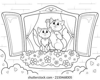 Family of cats is sitting on the windowsill, view from window. Children coloring book.