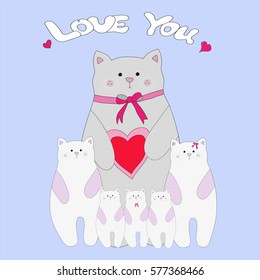 Family Cats  Vector  with the words I love you on a blue background. Valentines card  