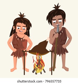 family of cavemen roasts meat at stake  - funny vector cartoon illustration on white background