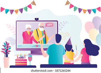 Family celebrate birthday or holiday. Online party. Remote communication. Grandparents on monitor screen, elderly couple talking with family. Technology of online video call. Flat vector illustration