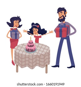 Family celebrate child birthday flat cartoon vector illustration. Father and mother giving gifts to kid. Ready to use 2d character template for commercial, animation, printing. Isolated comic heros