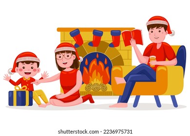 Family Celebrate Christmas with Fireplace Vector Illustration