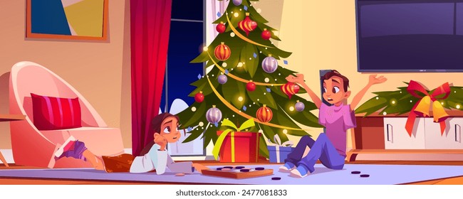 La familia celebra Navidades con caja de regalo y árbol en la sala de estar. Personaje de niño sentado en el suelo cerca del presente y decoración de Navidad en el apartamento. Hermana divertida y hermano juntos hablar en la noche