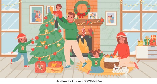 Family celebrate christmas at home. Parents and children decorate xmas tree in living room interior with fireplace. New year vector poster. Happy christmas at home, new year celebration illustration