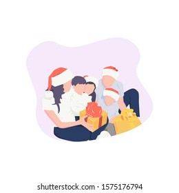 family celebrate christmas with open christmas box to young son. christmas holiday with open box. christmas carol in flat style cartoon illustration vector can be use for greeting card
