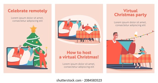 Family Celebrate Christmas Remotely Cartoon Posters. Grandparents, Parents and Child Clinking Glasses through Laptop Screen. Xmas and New Year Online Holiday Celebration. Vector Illustration