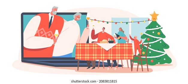 Family Celebrate Christmas Remotely. Grandparents, Parents and Child Clinking Glasses through Laptop Screen. Online Holiday Celebration, Xmas, New Year during Coronavirus. Cartoon Vector Illustration