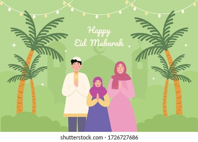 Family Celebrate Eid Mubarak. Muslim Family Eid-al Fitri. Ramadan Kareem. Muslim Family