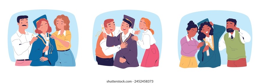 Family celebrate graduation. Graduate student parents, person in graduation gown and cap, dad man proud college diploma academic degree of children vector illustration of celebration education