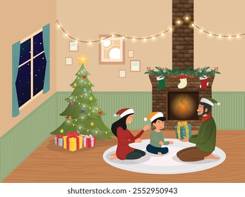 family celebrate in home cristmas festival cartoon cute happy illustration design