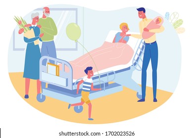 Family Celebrates Birth New Child, Illustration. Father Hold Wife's Hand and Sleeping Younger Daughter. In Ward Boy Run with Balloon, and Grandparents Hold Flowers Bouquet for Mother who Gave Birth.