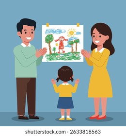 A family celebrates a child's drawing, parents clapping, child facing artwork with arms raised.