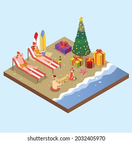 Family celebrates christmas at beach 3d isometric vector illustration concept for banner, website, landing page, ads, flyer