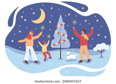 Family celebrates Christmas near the Christmas tree. Happy family with fireworks. Father, mother and child.