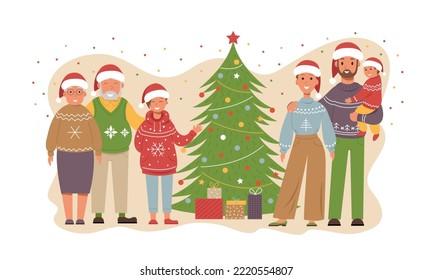 The family celebrates Christmas and New Year together. Father and mother, children, grandparents. Vector stock illustration.