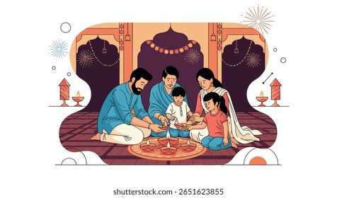 A Family Celebrates a Festival Together Illuminating Their Home With Lights and Sparklers