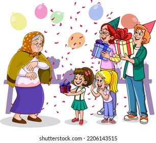 Family celebrates grandmother's Happy Birthday. Be surprised with the birthday cake, balls and holiday decorations. relationship of the loving family, son and grandson and granny.