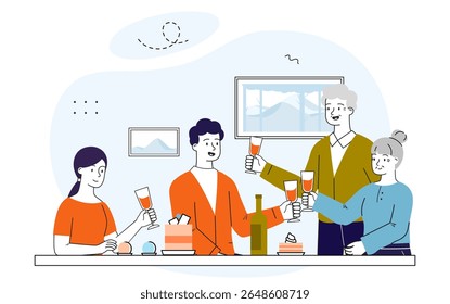 Family celebrates at home. Happy old man and woman with kids. Good relations in family. Holiday and festival, party. Celebration at home. Linear vector illustration