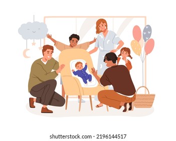 Family celebrates infant birth, arrival at baby shower party. Happy parents, brother, sister welcoming newborn kid, new born child. Flat graphic vector illustration isolated on white background