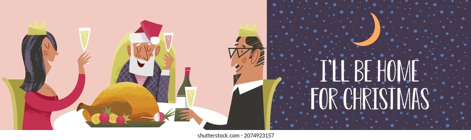 The family celebrates the new year at a festively laid table. 