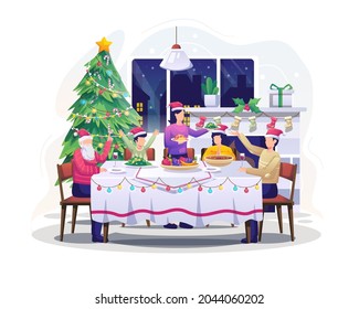 Die Familie feiert das neue Jahr fröhlichen Weihnachtsurlaub, die Leute sitzen am Tisch und essen in einem gemütlichen Haus mit Kamin und Weihnachtsbaum. Flache Vektorgrafik