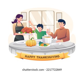 La Familia celebra el Día de Acción de Gracias con una cena en torno a la mesa con comidas y comida caseras. Ilustración del vector