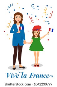 Family Celebrating Bastille Day in France with Flags. Cartoon Vector Illustration. Isolated characters.