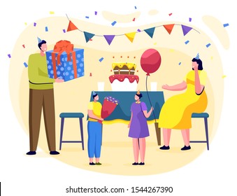 Family celebrating birthday of child. Celebration dinner for daughter. Father and son holding presents and bouquet. Mother wearing paper cap sitting by table with cake. Surprise party for kid vector