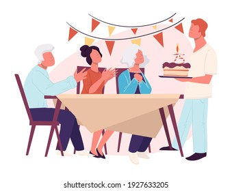 Family celebrating birthday of grandfather in at home surrounded by family. Grandparents and kids have festive mood, grandpa turning 75 years old. Elderly person by table. Vector in flat style