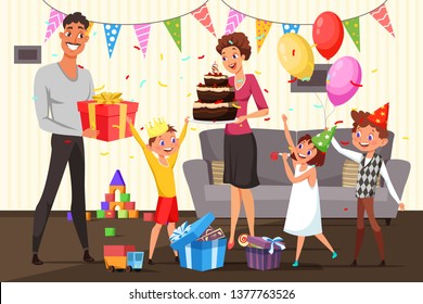 Family celebrating birthday at home vector illustration. Boy in crown opening present. Father holding gift box. Children cartoon characters in b-day hats. Mother with chocolate cake flat drawing