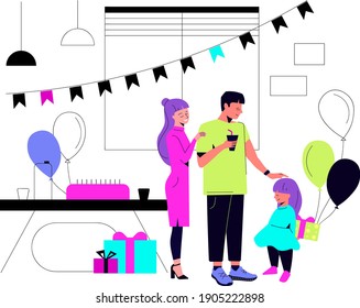 The family is celebrating the child's birthday. Many gifts for the child