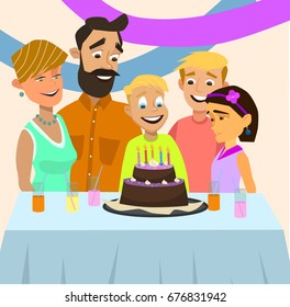Family celebrating child's birthday. Vector illustration in flat style.