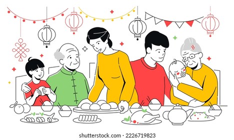 Familia celebrando el Año Nuevo Chino - moderna línea de ilustración estilo. Padres, abuelos y niños en la mesa festiva cenando. Decoración tradicional, farolillos, banderas, nudos