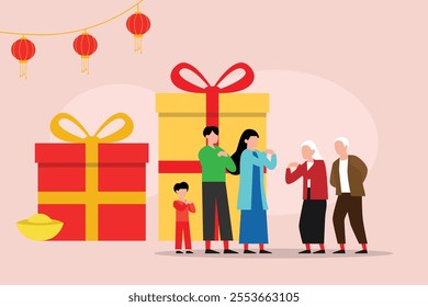 Family Celebrating Chinese New Year with Red Lanterns and Gift Boxes 2d flat vector illustrations