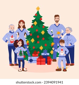 Family celebrating Christmas concept with character scene. Grandparents, parents and kids in cute ugly sweaters hold sparklers by tree with toys and gifts. Vector illustration in flat cartoon design