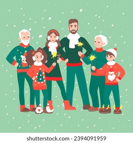 Family celebrating Christmas concept with character scene. Grandparents, parents and kids in cute ugly sweaters and warm clothing with sparklers on snow. Vector illustration in flat cartoon design