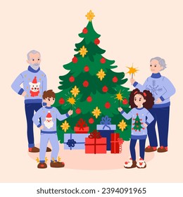 Family celebrating Christmas concept with character scene. Grandparents and grandchildren in cute ugly sweaters hold sparkler by tree with toys and gifts. Vector illustration in flat cartoon design