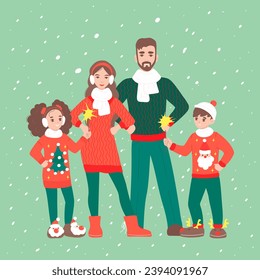 Family celebrating Christmas concept with character scene. Happy parents and children in cute ugly sweaters and warm clothing with sparklers on snow. Vector illustration in flat cartoon design