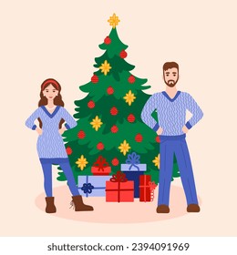 Family celebrating Christmas concept with character scene. Couple in cute sweaters standing together by festive tree with balls and toys and gift boxes. Vector illustration in flat cartoon design