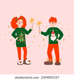 Family celebrating Christmas concept with character scene. Girl and boy in ugly sweaters with tree and Santa Claus hold sparklers. Vector illustration in flat cartoon design isolated on background