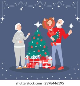 Family celebrating Christmas concept with character scene. Grandmother, grandfather and granddaughter in cute ugly sweaters by festive tree with gifts. Vector illustration in flat cartoon design